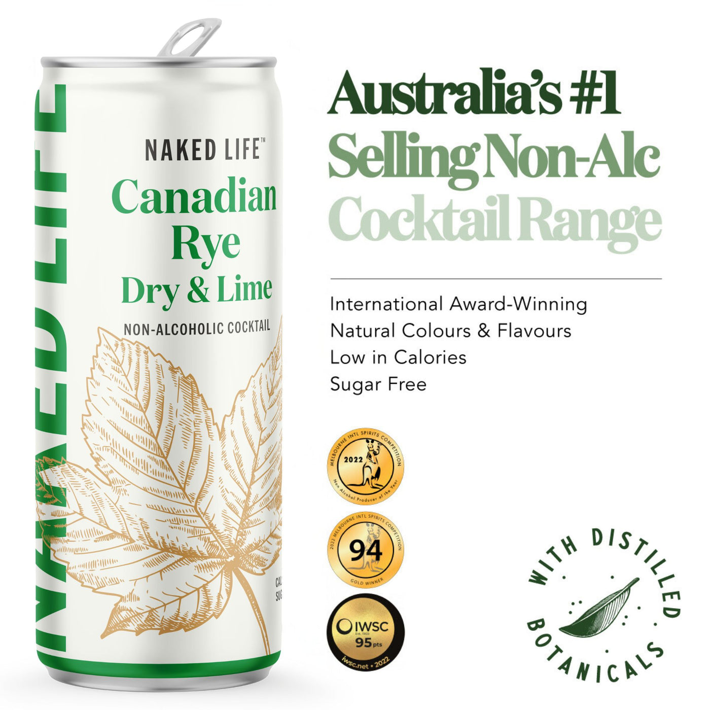 Naked Life Non-Alcoholic Cocktail Canadian Rye Spirit, Dry and Lime - 4 Pack x 250ml Cans