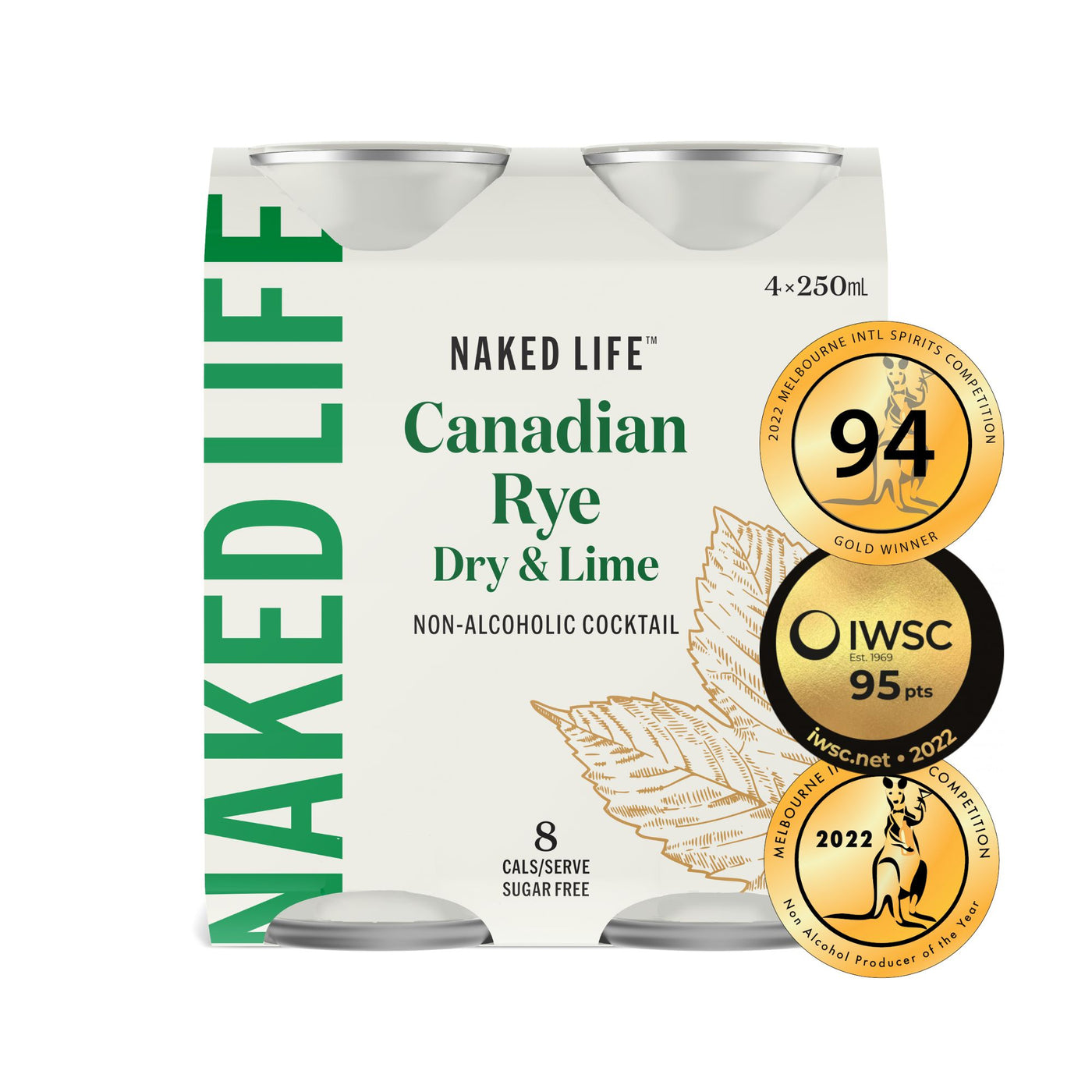 Naked Life Non-Alcoholic Cocktail Canadian Rye Spirit, Dry and Lime - 4 Pack x 250ml Cans