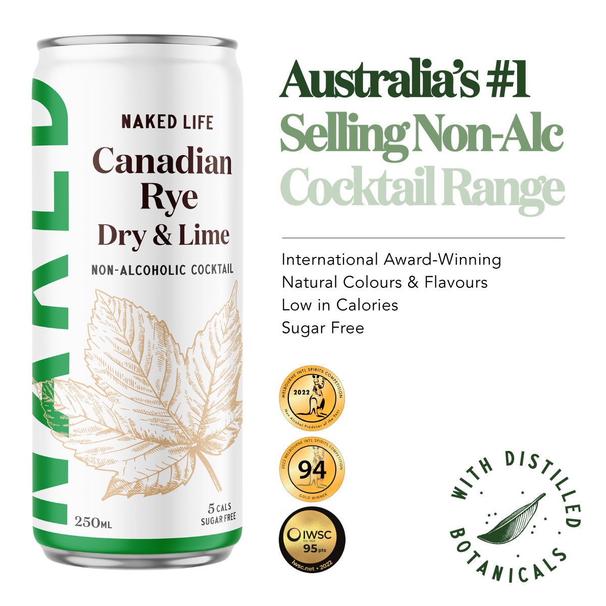 Naked Life Non-Alcoholic Cocktail Canadian Rye Spirit, Dry & Lime - 6 x 4 x 250ml Cans