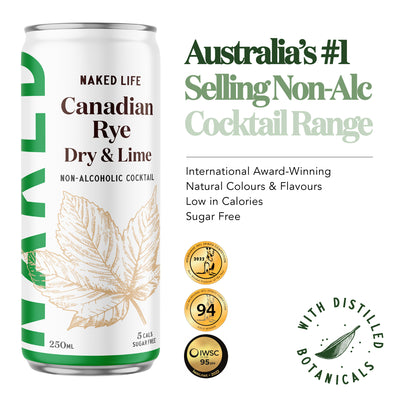 Naked Life Non-Alcoholic Cocktail Canadian Rye Spirit, Dry & Lime - 6 x 4 x 250ml Cans