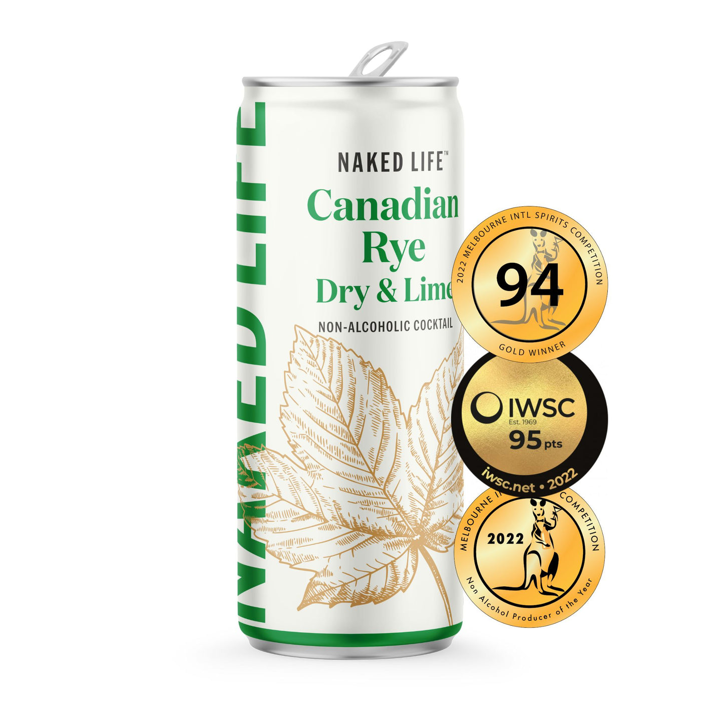 Naked Life Non-Alcoholic Cocktail Canadian Rye Spirit, Dry and Lime - 4 Pack x 250ml Cans