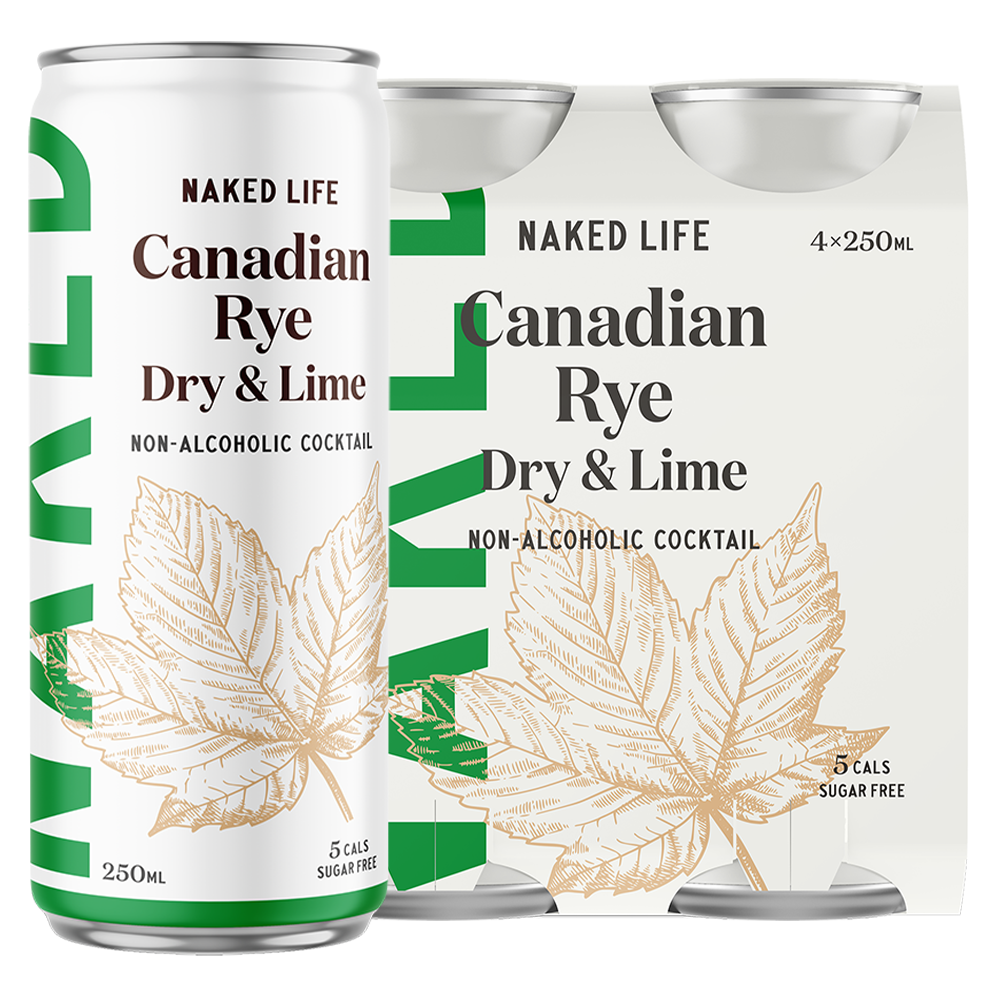Naked Life Non-Alcoholic Cocktail Canadian Rye Spirit, Dry and Lime - 4 Pack x 250ml Cans