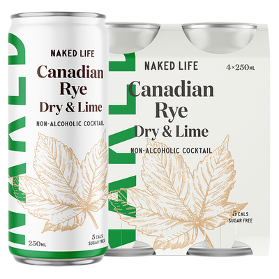 Naked Life Non-Alcoholic Cocktail Canadian Rye Spirit, Dry and Lime - 4 Pack x 250ml Cans